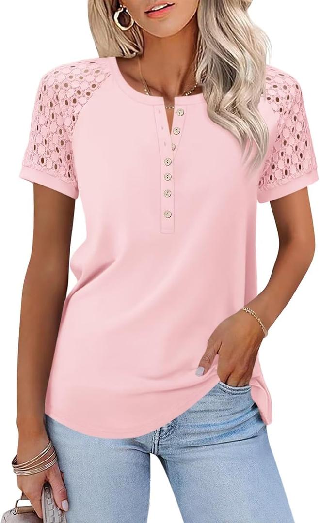 Minetom Women's Lace Short Sleeve Tops Henley Shirts Business Casual Blouses Summer Tops (Pink, L)