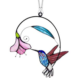 2 x Brown Hummingbird with Flower 7.87" Stained Glass Window Hanging Sun Catcher Blue Bird Stained Glass Window Hangings Suncatchers Decor Gifts for Home Indoor Outdoor Garden