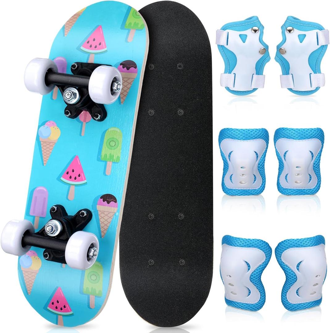 Honoson 7 Pcs Skateboard for Toddlers Beginners Knee Elbow Pads Wrist Guards Gear Set (Age 2-5 Kids 17 x 5'')