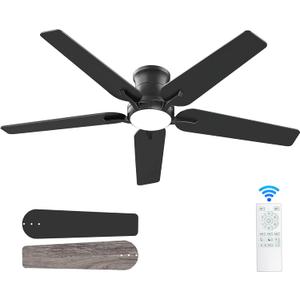 52 Inch Black Ceiling Fans With Lights and Remote, Flush Mount Low Profile Ceiling Fan for Bedroom, Living Room, Patio, Dimmable 6 Speeds Noiseless Reversible, ETL Listed