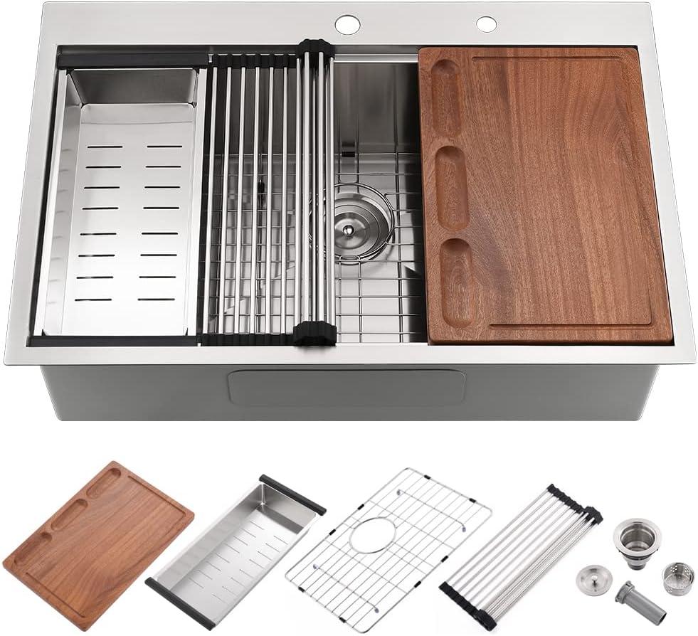 27 Inch Drop In Kitchen Sink Workstation-iAnomla 27x22 Stainless Steel Kitchen Sink Drop In Topmount Workstation Sinks 16 Gauge 10 Inch Deep Single Bowl with Cutting Board (Brushed Nickel)