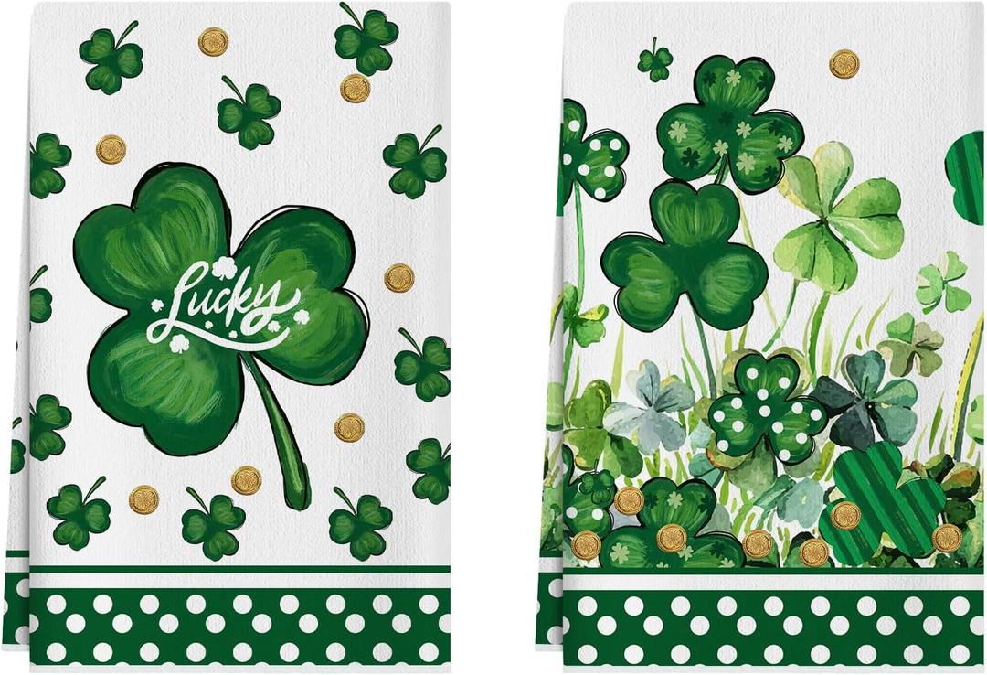 XCHI Lucky Watercolor Green Shamrocks Clovers Coins St. Patrick's Day Kitchen Towels Dish Towels 18x26 Inch Home Kitchen Decorations Hand Towels Set of 2 Drying Dishcloth
