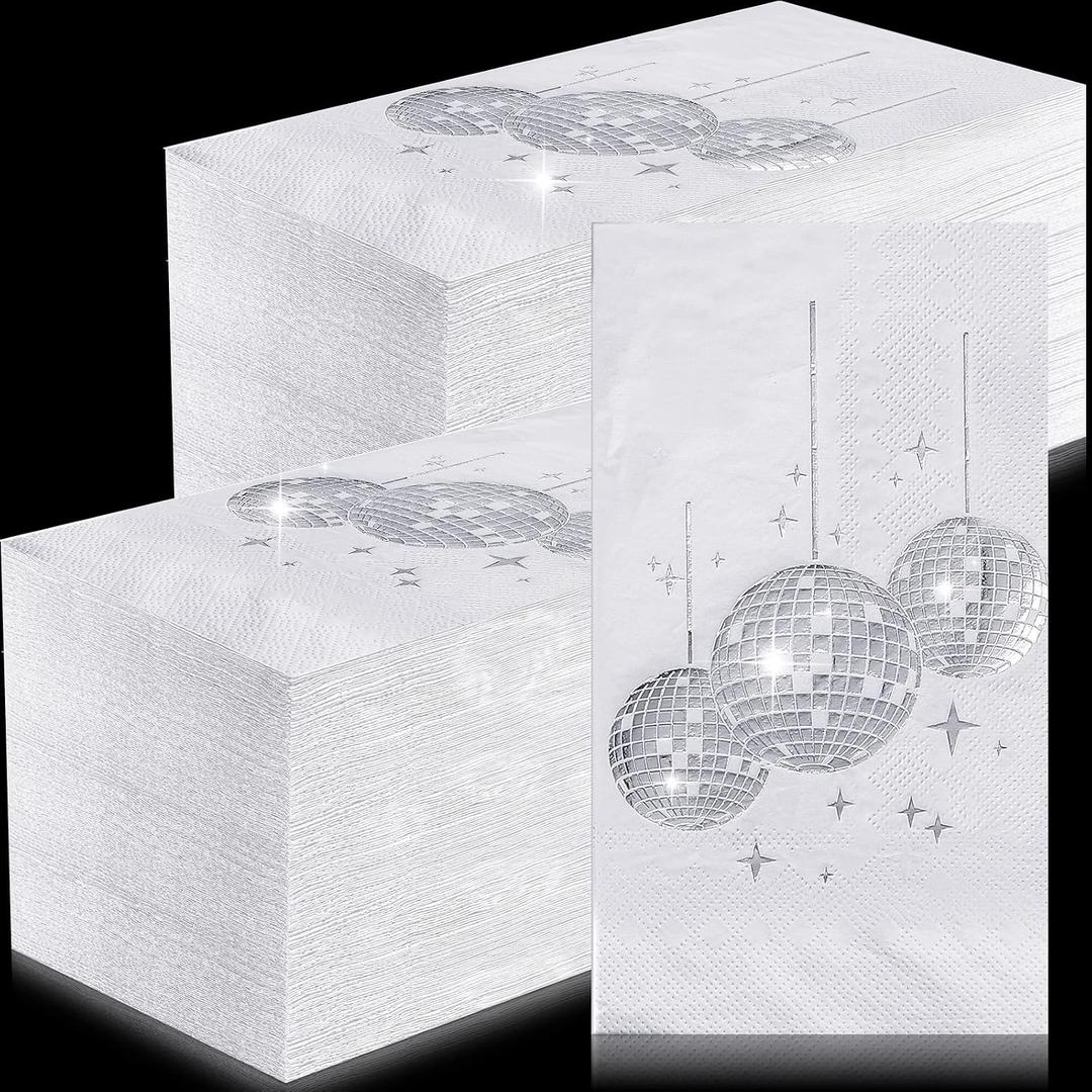 Sinmoe 100 Pcs Disco Party Cocktail Napkins with Silver Foil Guest Towel Paper Disposable 70s 80s 90s Party Supplies Cocktail Napkins for Wedding Birthday Graduation 2 Ply 4 x 8 in(White Background)