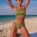 ZAFUL Women's Tassel Halter Bikini Set Metal Decor Cheeky Two Piece Swimsuit High Cut Bathing Suit (Green, S)