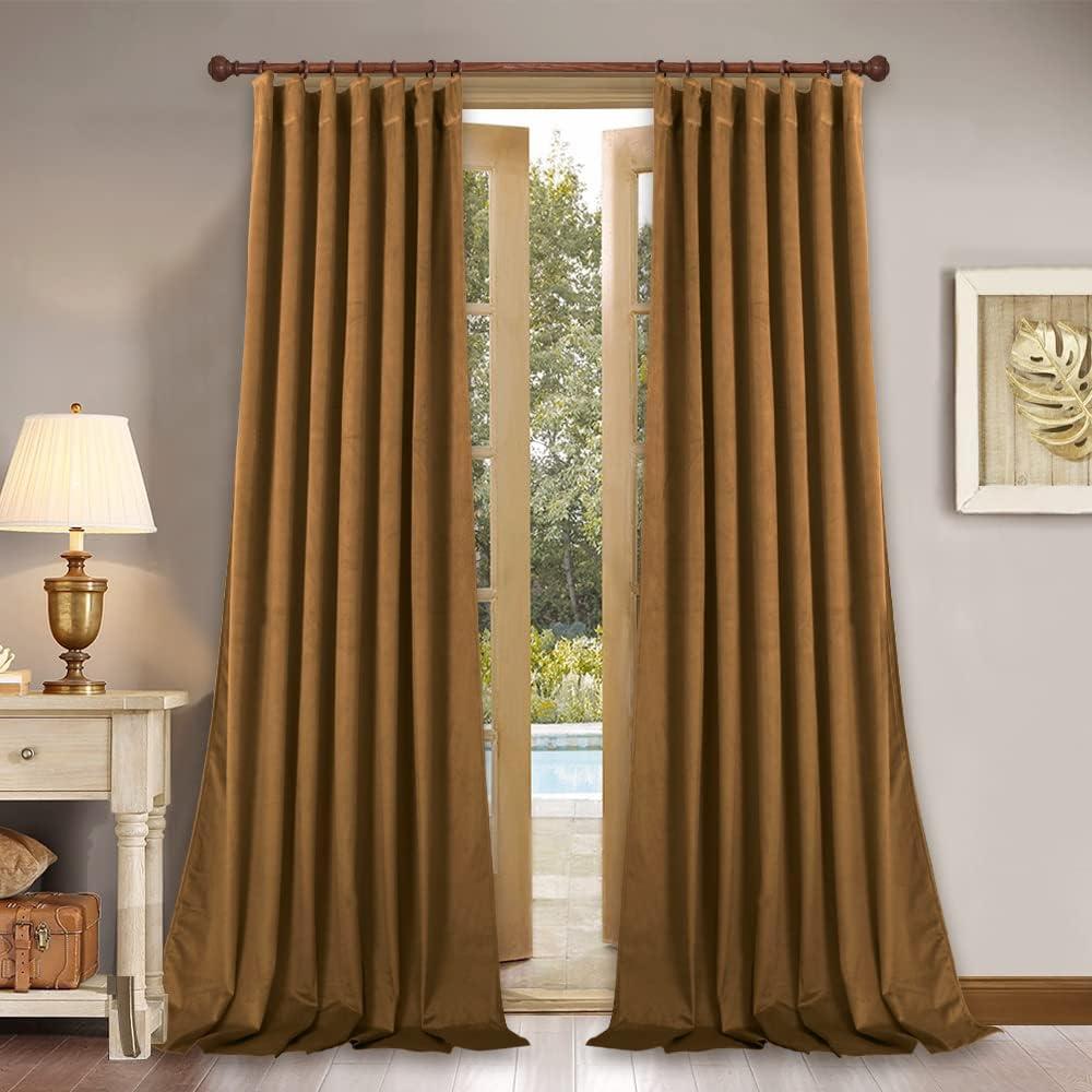 StangH Gold Brown Velvet Curtains 108 inches Long for Sliding Door, Back Tab Heavy Thick Thermal Insulated Light Blocking Window Covering Door Drapes for Patio Party, W52 x L108, 2 Panels