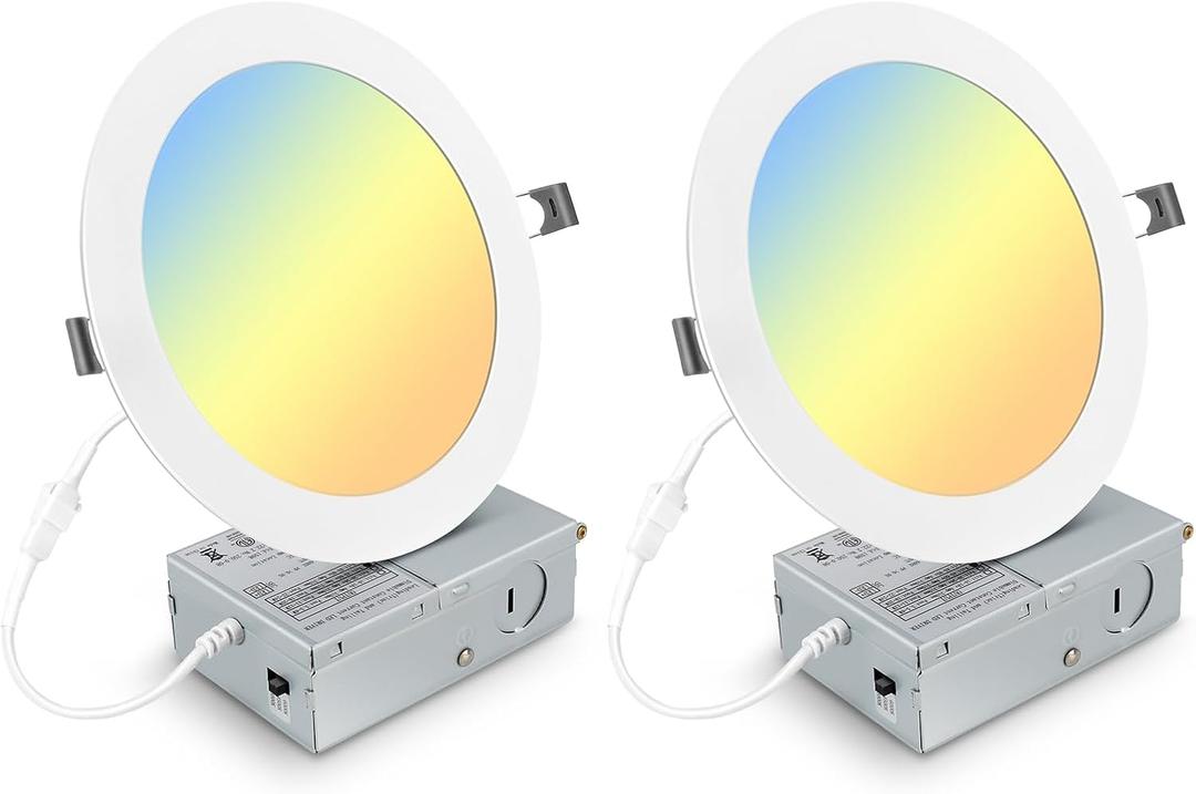 2 Pack 7 Inch 3CCT Ultra-Thin LED Recessed Light with Junction Box, 3000K/4500K/6000K Selectable, 18W Eqv 125W, Dimmable Canless Downlight, 1600LM High Brightness