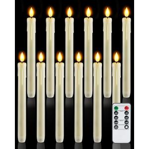Homemory 12 Pcs Plastic Flameless Taper Candles with Remote Timer Dimmer, Ivory Led Candlesticks with Flickering Flame Light, Lifelike Taper Candles Battery Operated for Indoor Decoration 9.6 Inches
