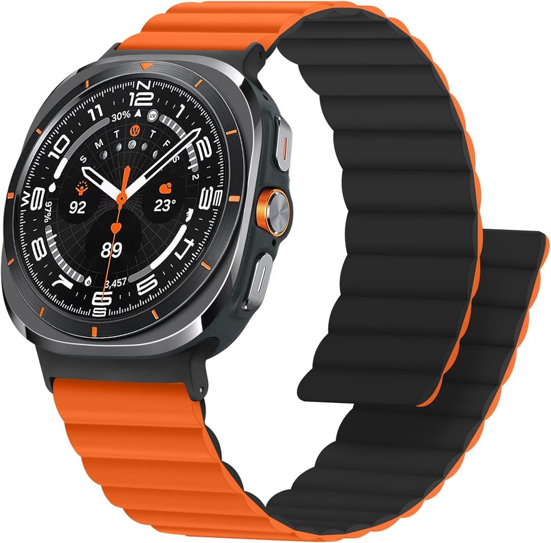 Anlinser Magnetic Bands Compatible with Samsung Galaxy Watch Ultra 2/1 Band 47mm for Men Women, Waterproof Silicone Sport Strap with Magnet Compatible with Samsung Watch Ultra, Orange/Black