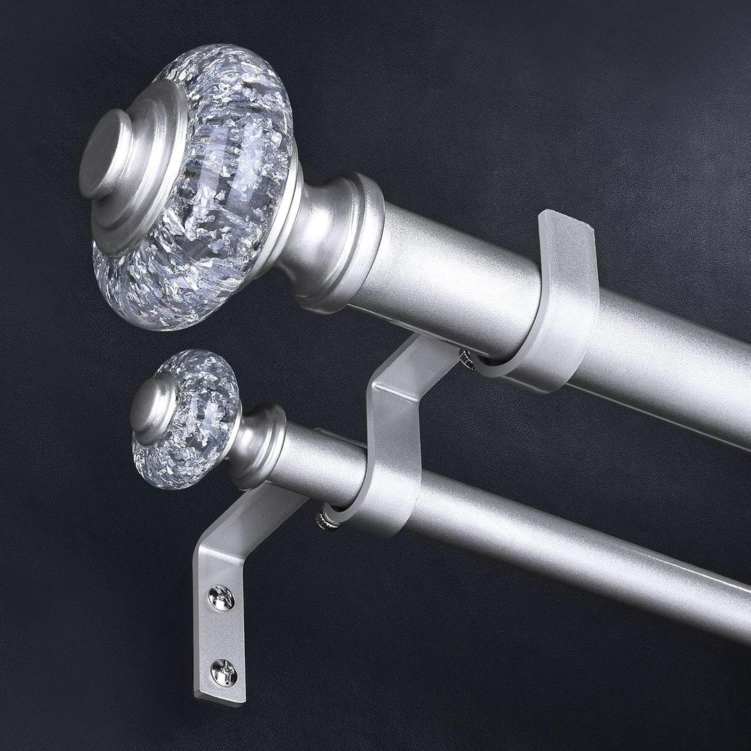 Silver Double Curtain Rods for Windows 120 to 170 Inch, 1" Adjustable Decorative Crystal Extra Long Dual Curtain Rod, Heavy Duty Vintage Double Drapery Pole with Silver Foil Finials