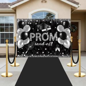 Lyrow 4 Set Prom Send Off 2026 with Carpet Runner Stainless Steel Stanchion 7 x 5 ft Class of 2026 Prom Background 3.3 x 16.5 ft Carpet Runner Velvet Ropes for Graduation Party Decoration(Black)