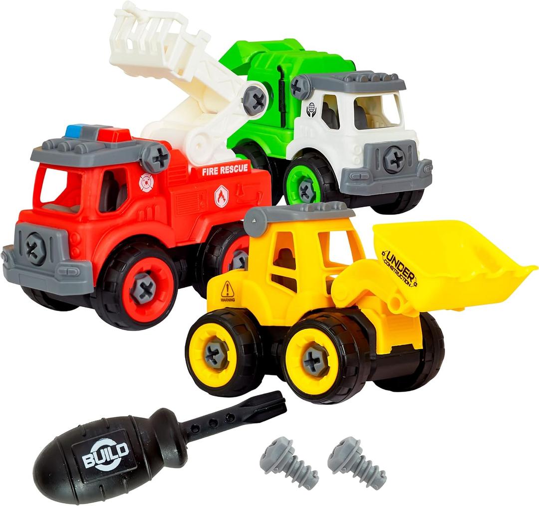 Flybar Power Gearz Take Apart Toy with Screwdriver and Screws- 3 Pack Truck Set for Boys and Girls- Fire Truck, Construction Garbage Trucks- Vehicle Set - Building Toys for Kids Ages 3-5