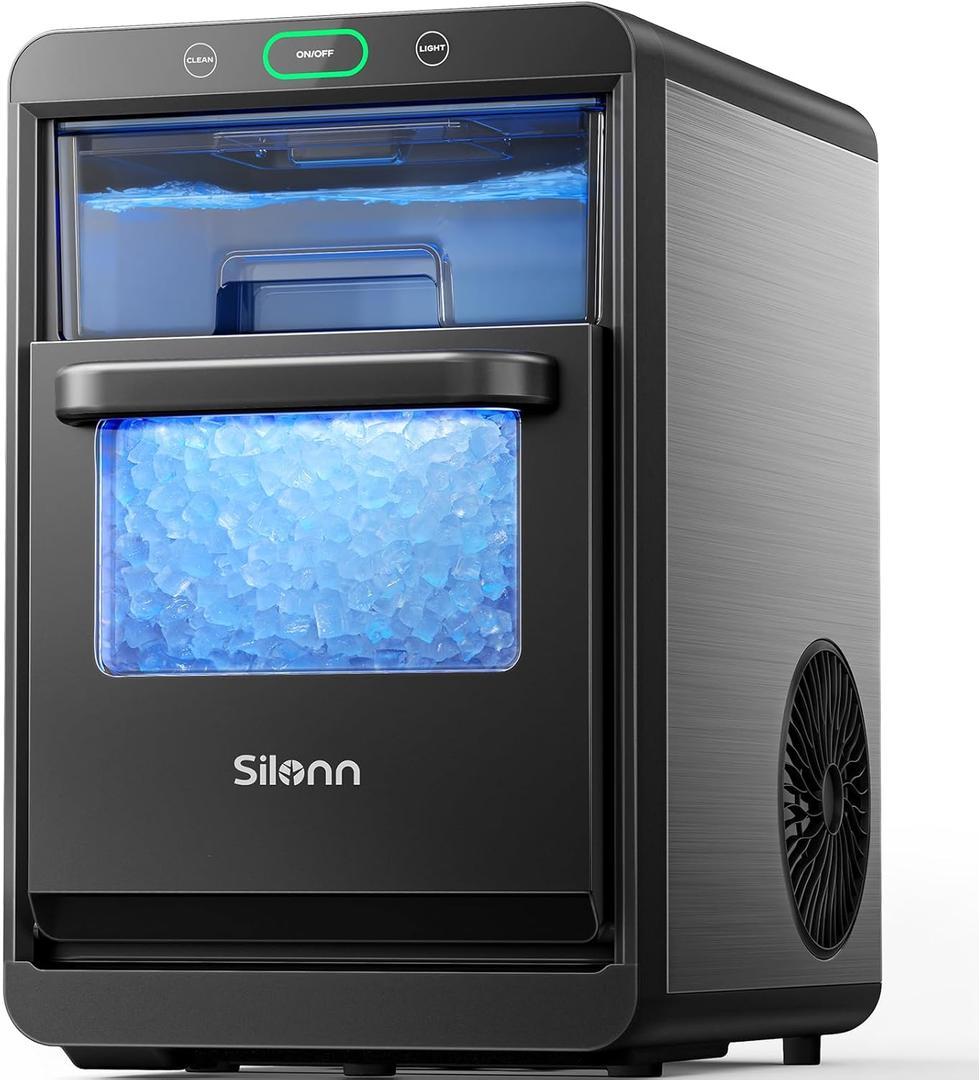 Nugget Ice Maker Countertop, Silonn Pebble Ice Maker Machine Crushed Ice, 44lbs in 24h, Pull-Out Water Tank and Removable Ice Basket for Home, Kitchen, Stainless Steel