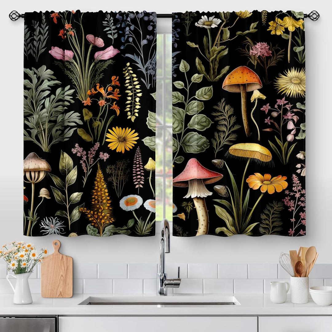 Aimego Boho Floral Kitchen Curtains - Bohemian Mushroom Vintage Plants Flowers Cafe Small Short Tier Window Curtains for Bathroom Living Room Decor Rod Pocket Window Drapes 36 Inch Length Set 28"x36"