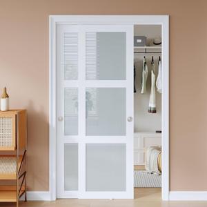 EaseLife 48x80 in (Double 25in) Bypass Sliding Closet Doors for Bedroom, 3-Lite Frosted Glass Sliding Door with Hardware Track Kit & Floor Guide, Preassembled Door Panel, MDF White Barn Doors EaseLife 48x80 in (Double 25in) Bypass Sliding Closet Doors for Bedroom, 3-Lite Frosted Glass Sliding Door with Hardware Track Kit & Floor Guide, Preassembled Door Panel, MDF White Barn Doors