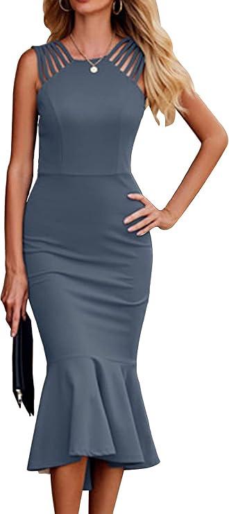 PRETTYGARDEN Women's Sleeveless Midi Bodycon Formal Dress Ruffle Mermaid Hem Elegant Cocktail Wedding Guest Midi Dresses