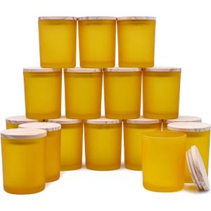 SHOWIN Thick Candle Jars for Making Candles 16 Pcs, 7 OZ Empty Jars with Wood Lids for Candle Making, Sample Container, Frosted Yellow