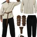 Renaissance Costume Men, Medieval Costume Men Renaissance Outfit Viking Shirt Pants Halloween Belt Accessories (X-Large, Beige, Black)