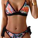 Bikini Sets for Women Floral Two Piece Bathing Suit V Neck Shell Stitched Swimsuit Tie Side Triangle Swimwear (Medium, Pink Leaf Print)