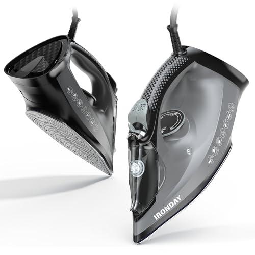 IRONDAY Steam Iron for Clothes, 1800W with 20.28oz Water Tank, Ceramic Soleplate, 3-Way Auto-Off, 20s Fast Heat-up, Burst of Steam, Precision Tip, Self-Clean, Anti-Calc, Vertical Steamer for All Fabrics