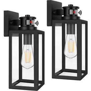 2-Pack Motion Sensor Outdoor Lights, Upgrade Dusk to Dawn Wall Mount Light Fixtures, Motion Sensor Wall Lights for Outside House Porch Garage, Exterior Black Wall Lanterns Sconce with Clear Glass