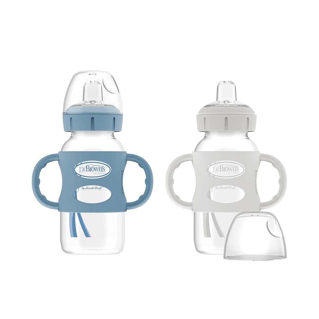 Dr. Browns Milestones Wide-Neck Transitional Sippy Bottle with Silicone Handles 9oz 270mL 6m+ Light Blue and Gray 2-Pack