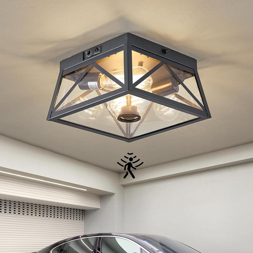 Adjustable Outdoor Motion Sensor Ceiling Light,10" Modern Industrial Design of Squares Flush Mount 2-Light with Clear Glass for Your Porch,Garage,Patio,Hallway,Entryway (Textured Black)