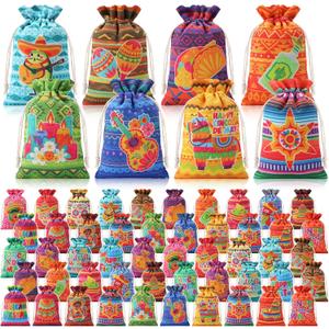 SilTriangle 50 Pcs Mexican Candy Bags 4 x 6 Inch Ethnic Style Mini Cloth Drawstring Gift Bag Reusable Cotton Jewelry Goodie Pouches for Mexican Fiesta Party Favor
