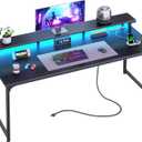 PRAISUN 55 inch Gaming Desk, LED & Power Outlets, Monitor Stand, Black
