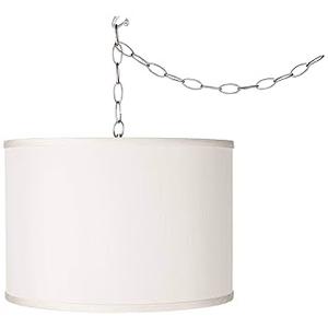 2 Pack White Linen Drum Shade Hanging Pendant Light Fixture with Black Pole, 2-Pack