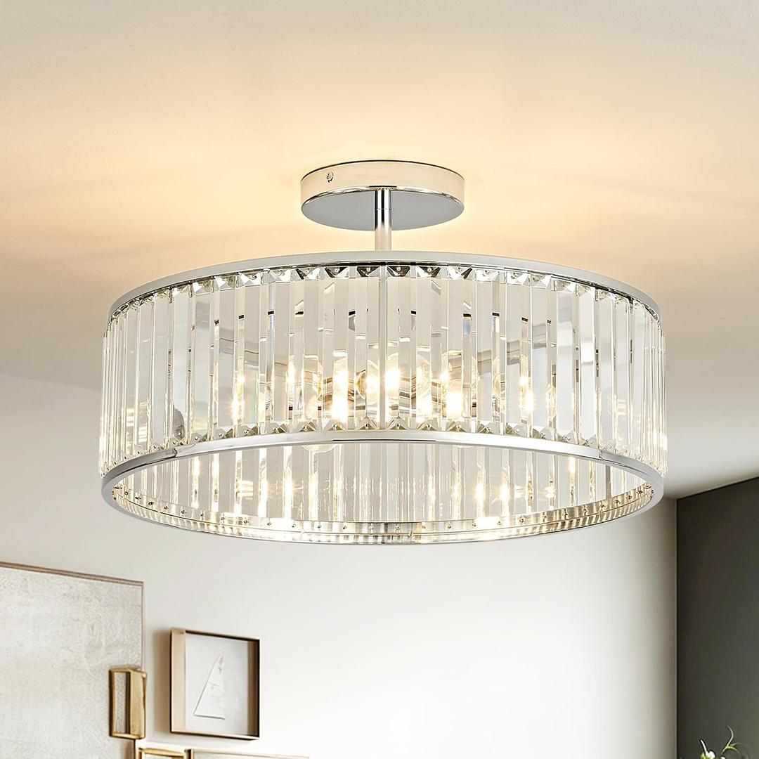 OKELI 19.7" Modern Crystal Chandeliers Semi Flush Mount Ceiling Light, Large Round Crystal Chandelier Ceiling Lights Fixture for Hallway Bedroom Living Room E12*6,Chrome, 19.7" x 15.7"