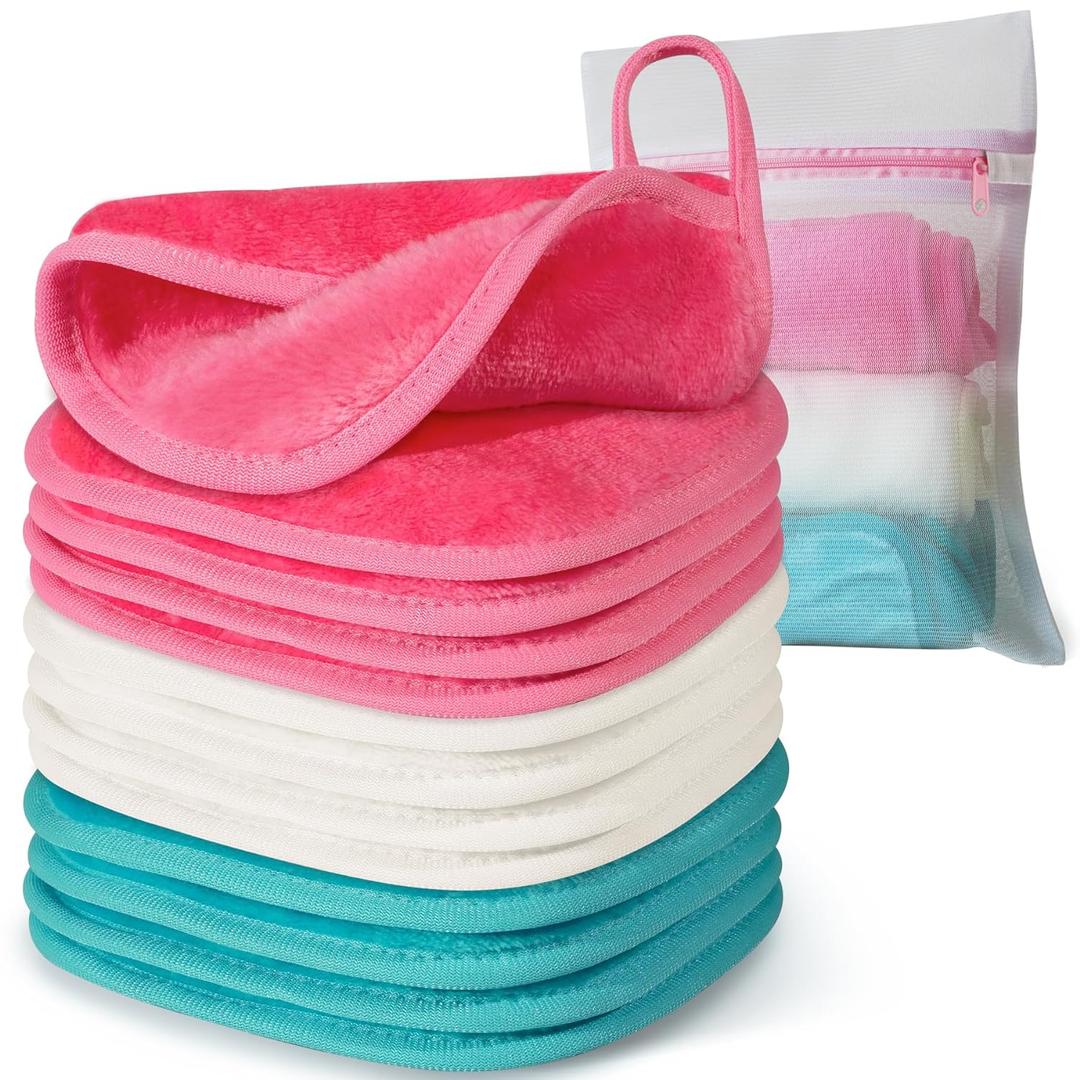 Makeup Remover Cloth, 6" x 6" Make Up Towels Reusable Face Cloth for Washing Face, Makeup Remover Pads Microfiber Face Washcloth with Mesh Bag, Just Water, 12 Pack (Green/White/Pink)