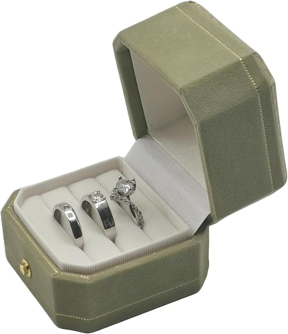 Velvet Ring Box - Octagon Engagement Ring Box with Hinged Lid for Proposal Engagement Wedding, Proposal Ring Case Jewelry Box with Gold Lace, Green