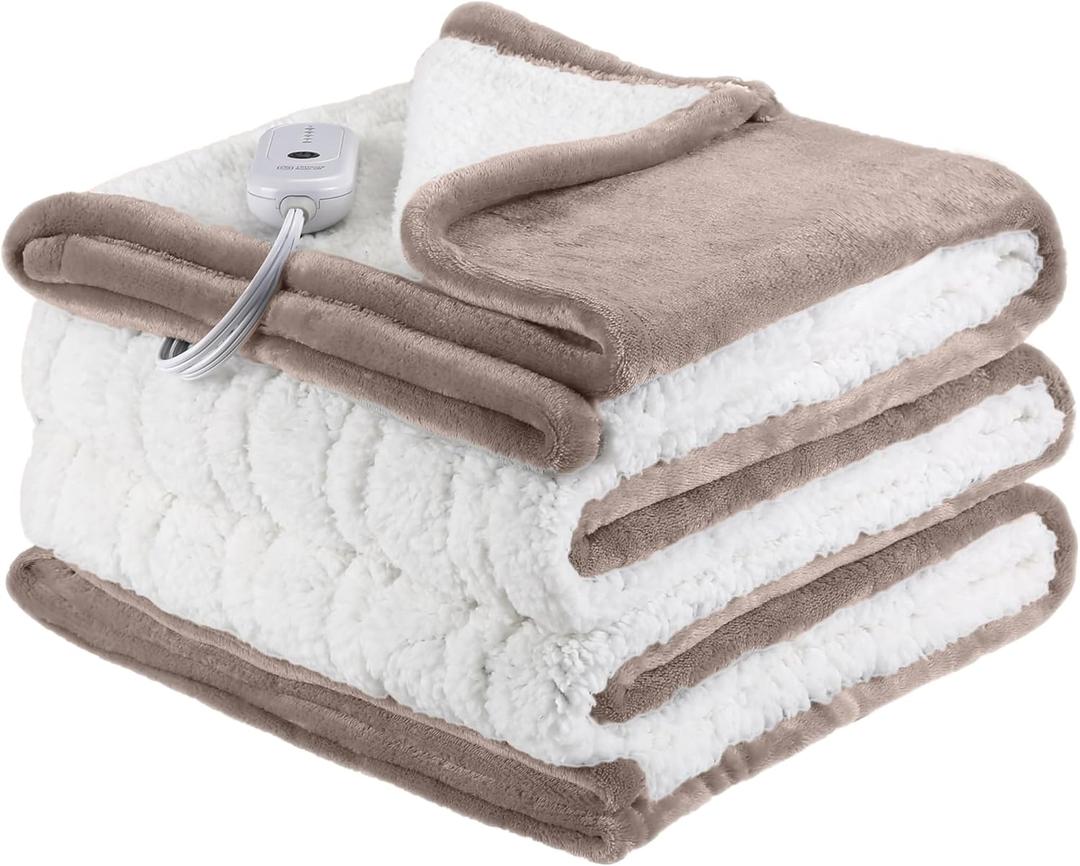 ESTINGO Heated Blanket Twin Size, 62"x84" Electric Blanket Twin with 10 Hours Auto Off & 5 Heating Levels, Heating Blanket with Reversible Flannel Sherpa, Ideal Gift Giving, Light Camel
