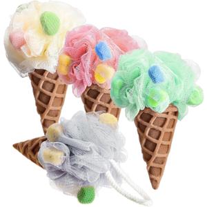 Geiserailie 4 Pieces Kids Loofah Ice Cream Cone Bath Sponge Kids Bath Shower Sponge Body Scrubber Exfoliating Loofah for Spa Shower