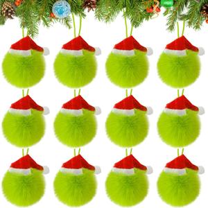 12 Pack Lime Green Furry Christmas Ball Ornaments with Santa Hat, 2.36 Inches Soft Fluffy-Pom-Pom Xmas Tree Hanging Decor for Holiday Home Party Fireplace Wall Decoration(Santa Hat)