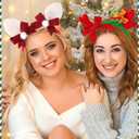 2 x Green Christmas Reindeer Antlers Headband With Bow, Green Fluffy Deer Reindeer Antlers Hair Accessories for Women, Christmas Cosplay Costume Party (Creen)