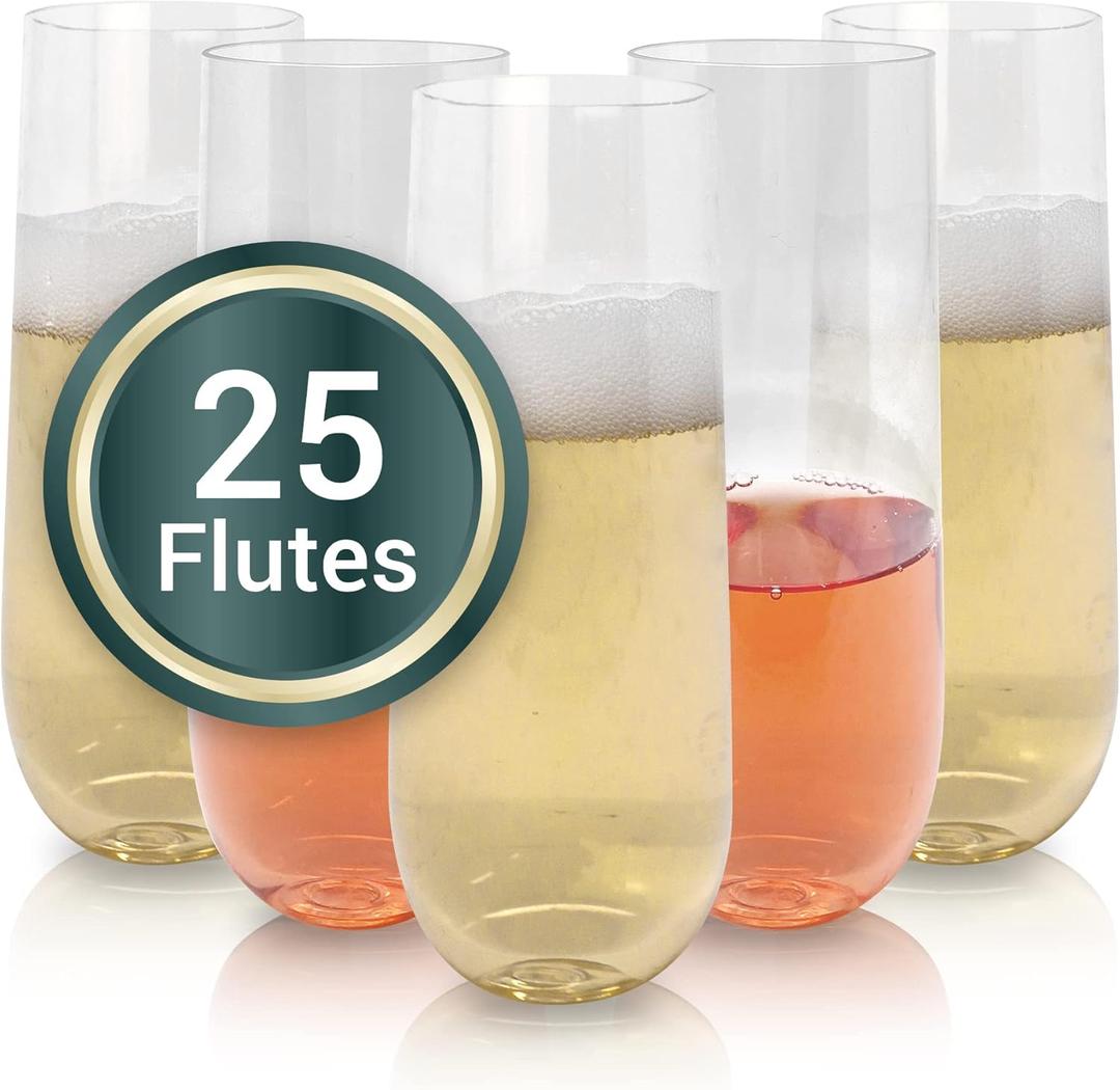 Reli. Champagne Flutes Plastic | 25 Pack | 9 oz - Clear | Stemless Premium Plastic Champagne Flutes | Party-Perfect for Celebrations