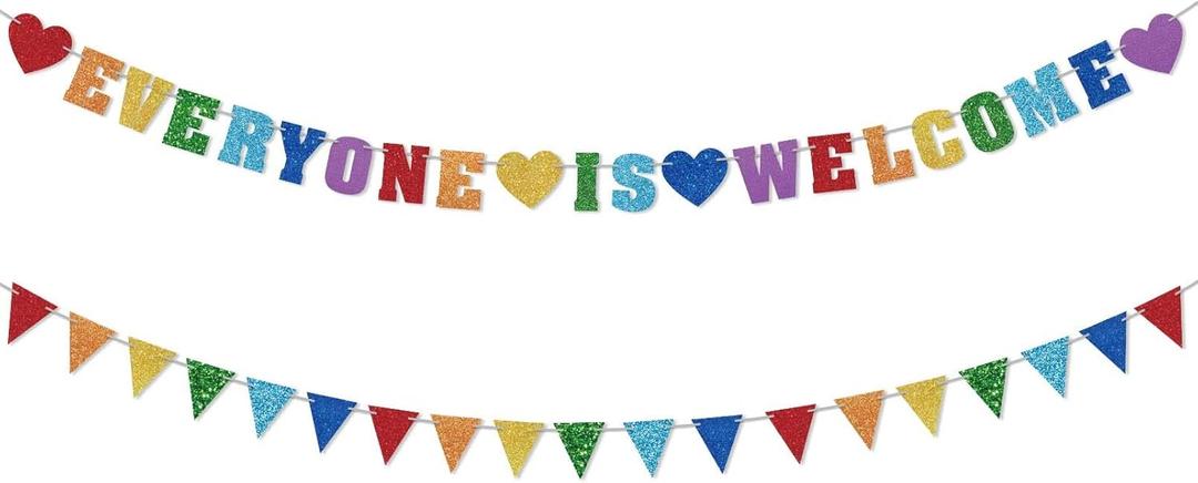 Glitter Everyone is Welcome Banner, First Day of School Classroom Pennant Banner Long Colorful Flag Welcome Back to School Hanging Ornaments Classroom Decoration Supplies