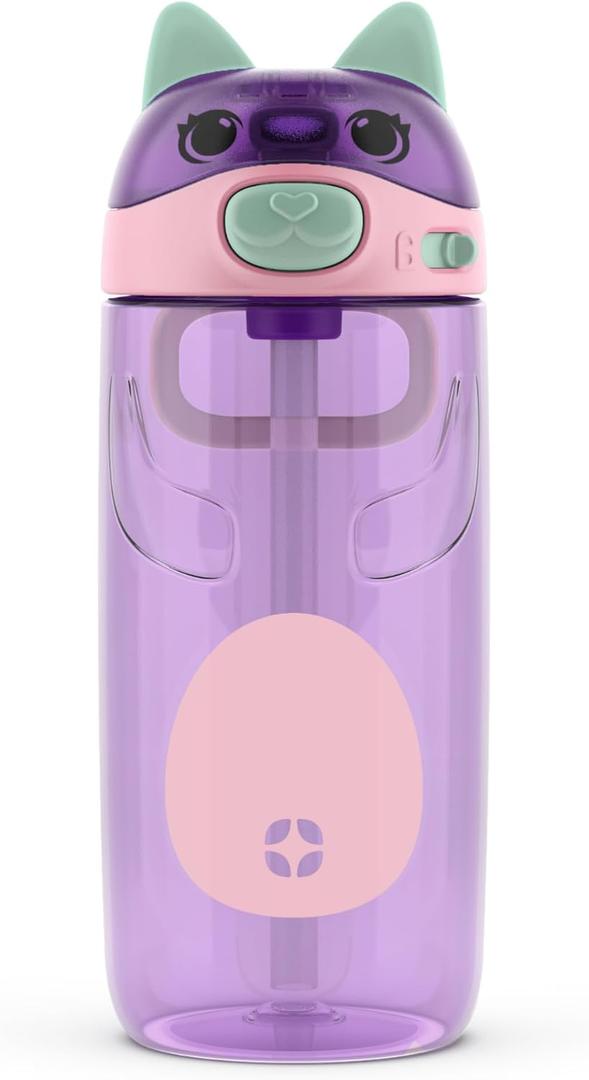 Ello Ellies 16oz Plastic Kids Water Bottle with Straw and Built-in Carrying Handle and Leak-Proof Locking Lid for School backpack, Lunchbox and Outdoor Sports, Cat