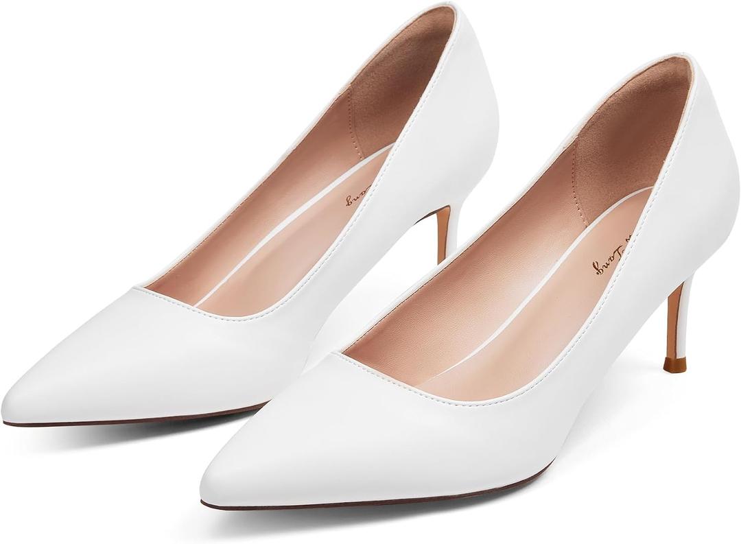 Elisabet Tang Kitten Heel Low Pumps 2.4 Inch Closed Pointed Toe Short Sexy Comfort Women Dressy Shoe at Work Office Date Prom Party Wedding Church White Size 8