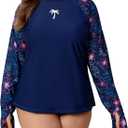 Halcurt Women's Plus Size Long Sleeve Rash Guard Swim Shirt with Thumb Holes UPF50+ Sun Protection Swimsuit Top 1X