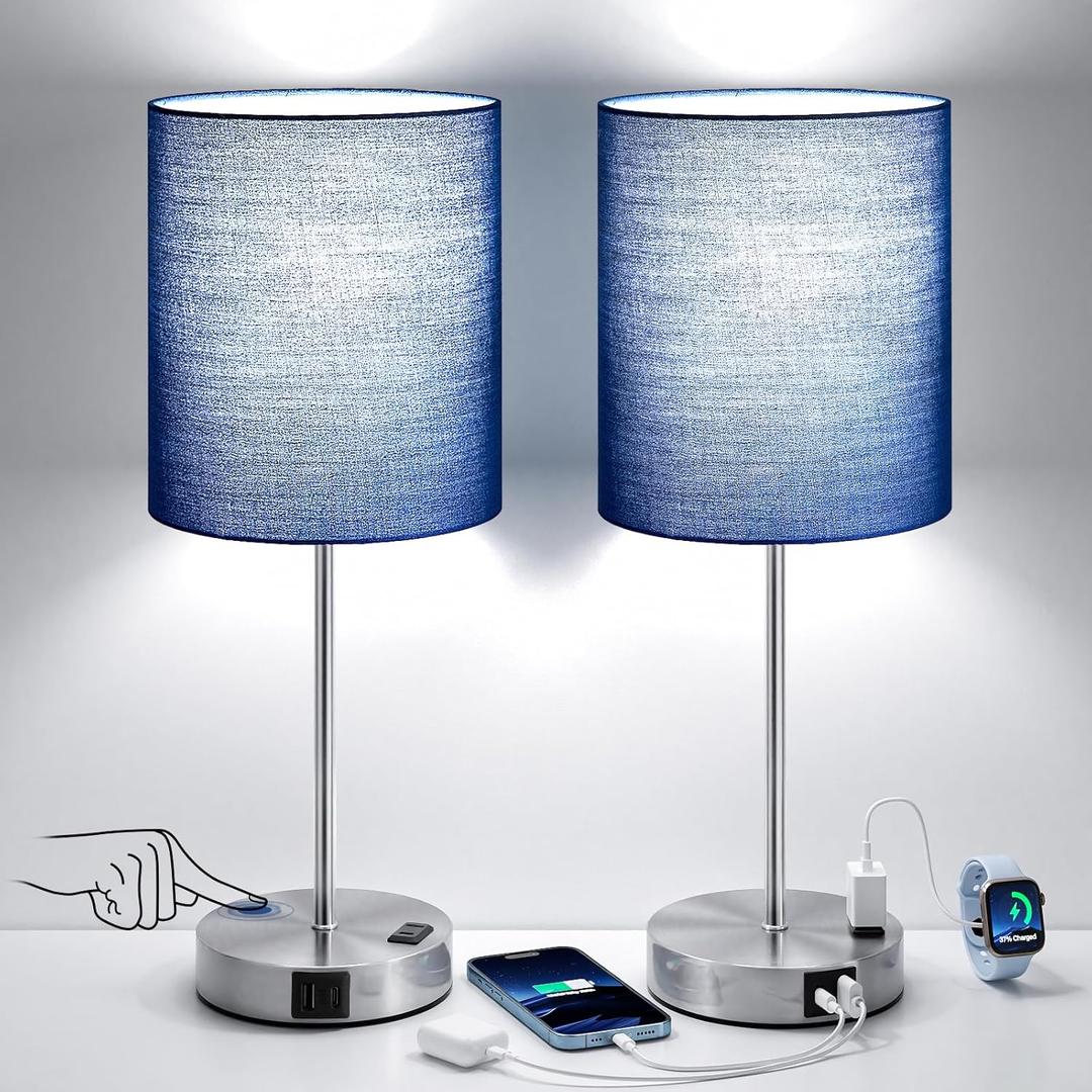 Blue Touch Lamps for Nightstand Set of 2 - Bedside Table Lamp for Bedroom with Dual USB Ports & AC Outlet, 3-Way Dimmable Lamps for Living Room Boys Room, Night Light with 5000K Daylight Bulbs