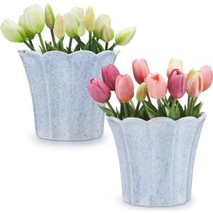 Honeydak 2 Pcs Fluted Ceramic Pots for Plants Indoor 7.5 x 6.5 Inches Spring Easter Scalloped Stylish Ceramic Planters Fluted Tulip Cachepots Blue Flower Pots Home Garden Patio Office Outdoor Planter