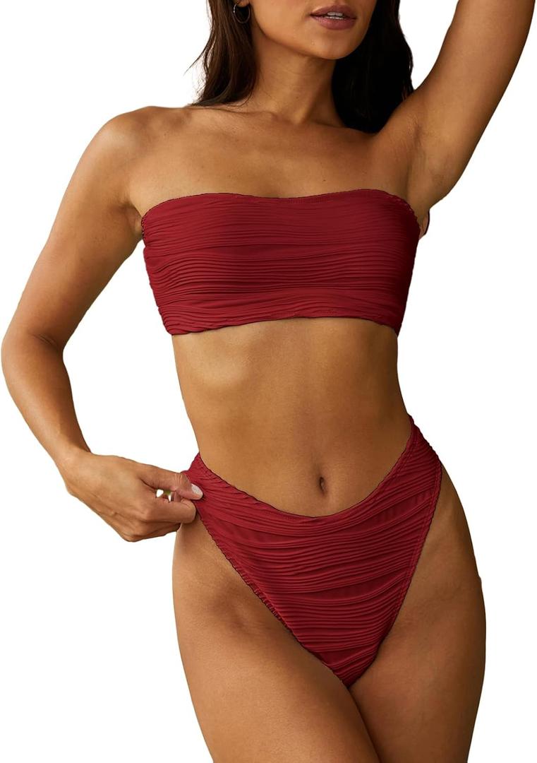 ZAFUL Women Strapless Textured Bandeau Bikini 2 Piece Swimwear Cheeky Solid Lace up Bathing Suits (Small)