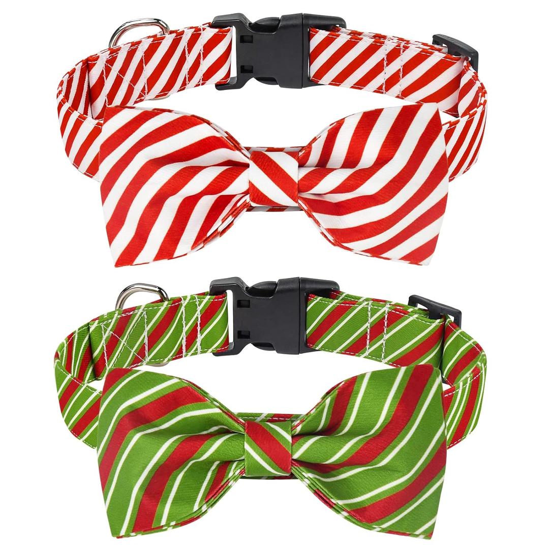 Malier 2 Pack Christmas Dog Collar With Bowtie  Classic Stripe for Girls and Boys, Cute Adjustable for Small Medium Large Dogs Cats Pets
