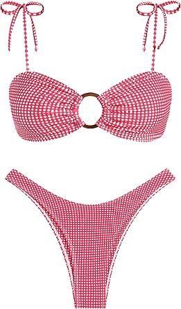 ZAFUL Women's Sexy Tie Spaghetti Strap Bikini Textured O Ring Ruched High Leg Swimsuit Cheeky Bathing Suits (4-red Grid, L)
