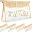 Small Boho Straw Clear Swim Makeup Bags for Women&Girls, Zipper Cosmetic Bag Chenille Varsity Letter Patch Bag, Preppy Cute Toiletry Pouch, Trendy Organizer Storage Bag for Beach Travel Essentials