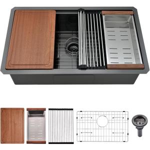 33x19 Undermount Kitchen Sink Black - Stainless Steel Undermount Workstation Sink Single Bowl with 5 Accessories
