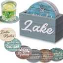 Queekay 6 Set Lake Theme Coasters with Holder for Drinks, Lake Lovers House Gifts, 4'' Wooden Coasters with Sayings House Warming Gifts New Home for Bar Coffee Table Decorations(Classic Color)