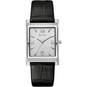 Bulova Men's Stainless Steel 3-Hand Calendar Date Quartz Watch with Black Leather Strap, Rectangle Dial Style: 96B107